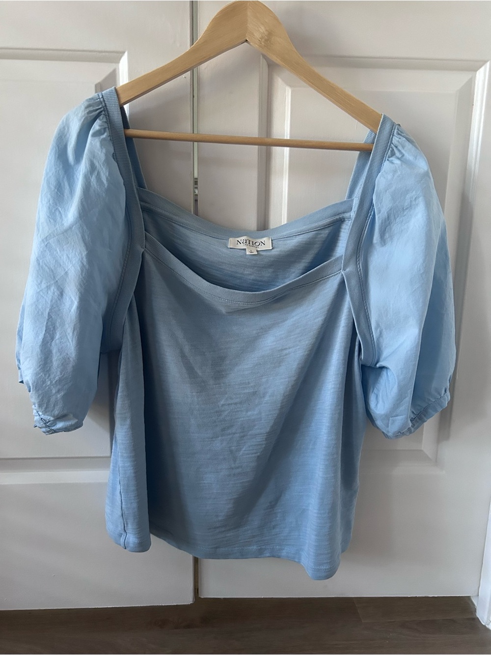 NATION LTD Blue Square Neck Puff Sleeve Top L